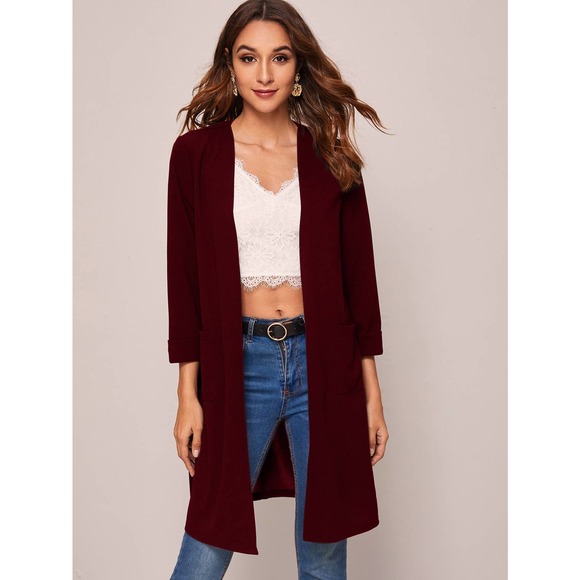 Open Front casual long blazer Coat collarless black minimalist - Picture 7 of 8